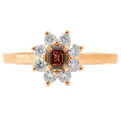 Natural Fancy Dark Orange Brown Emerald Cut Diamond and Colorless Diamond Ring