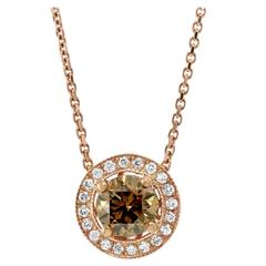 0.70 Carat GIA Cert Round Brilliant Brown Diamond Gold Halo Pendant