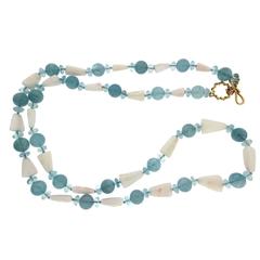 White Candy Cane Coral and Aquamarine Beads Necklace