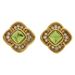 Cushion Peridot Diamond Gold Earrings 12