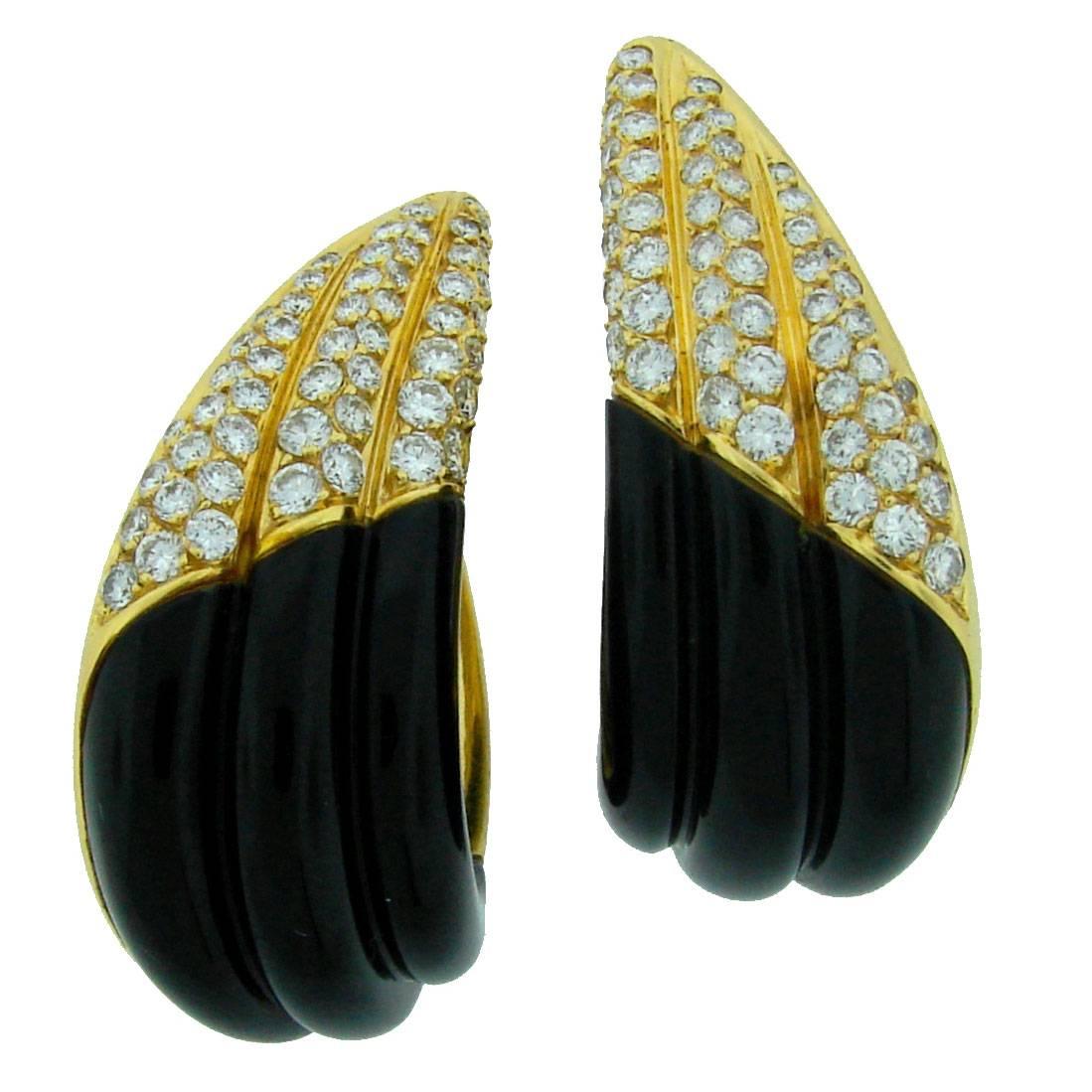 1980s Fred Paris Black Onyx Diamond Gold Earrings