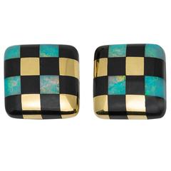 Tiffany & Co. Opal Onyx Checkerboard Gold Earclips
