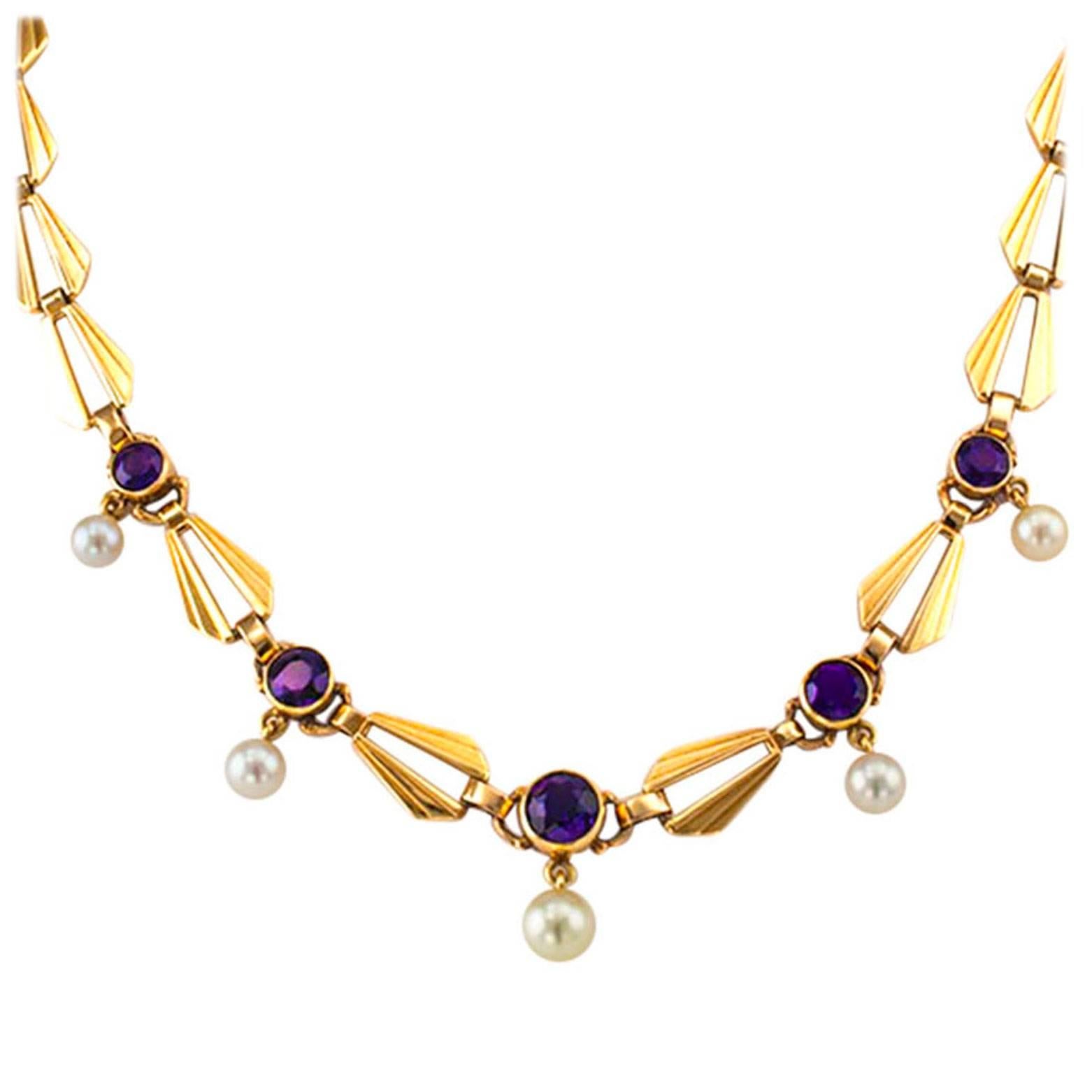 Retro Amethyst Cultured Pearl Gold Necklace