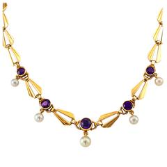 Retro Amethyst and Cultured Pearl Necklace