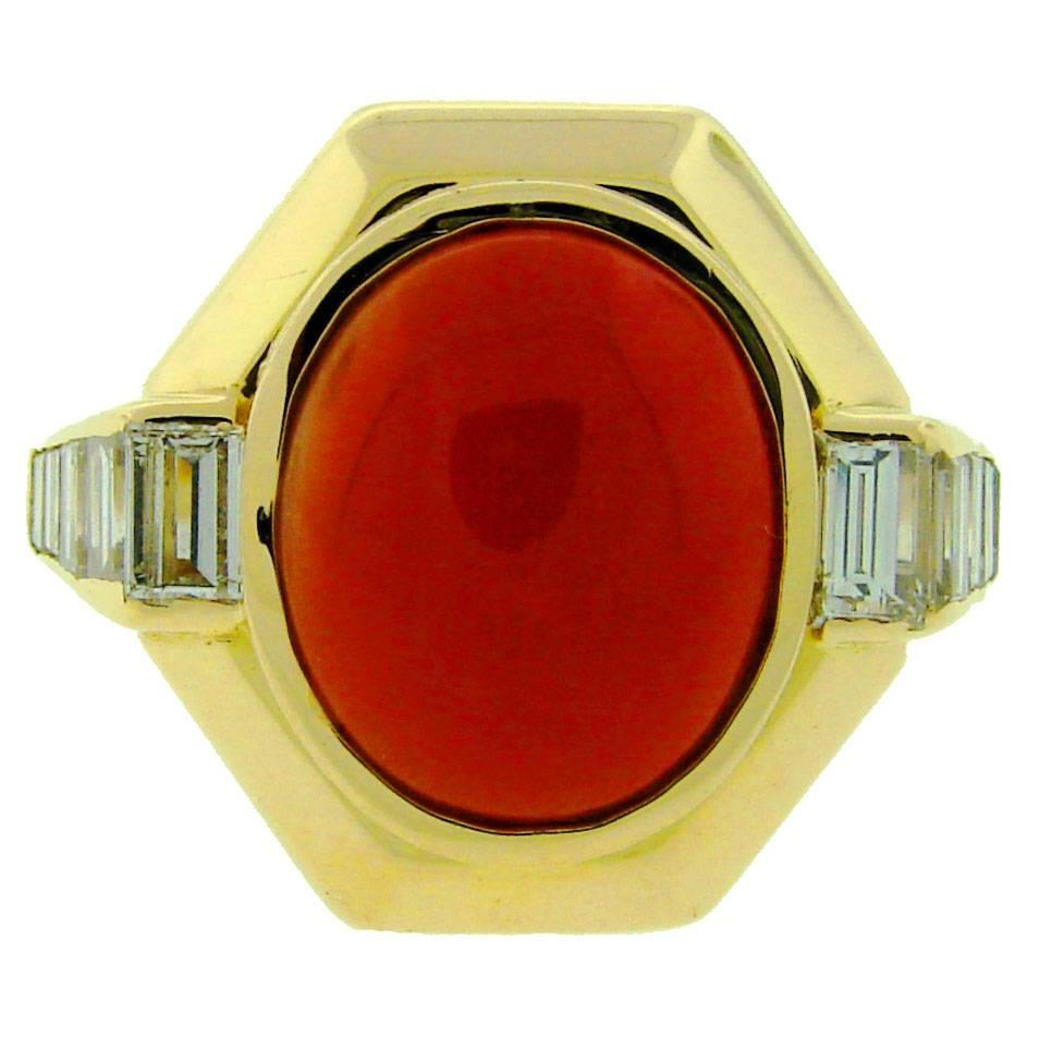 1980s BULGARI BVLGARI Coral Diamond Gold Ring
