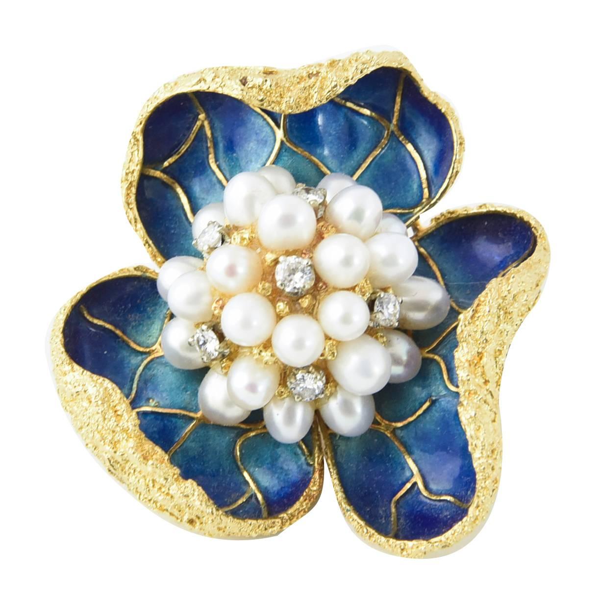 Fantastic Blue Enamel Pearl Diamond Gold Flower Brooch 