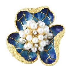 Vintage Fantastic Blue Enamel Pearl Diamond Gold Flower Brooch 