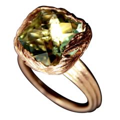 Cushion Cut Green Amethyst Gold Feather Ring