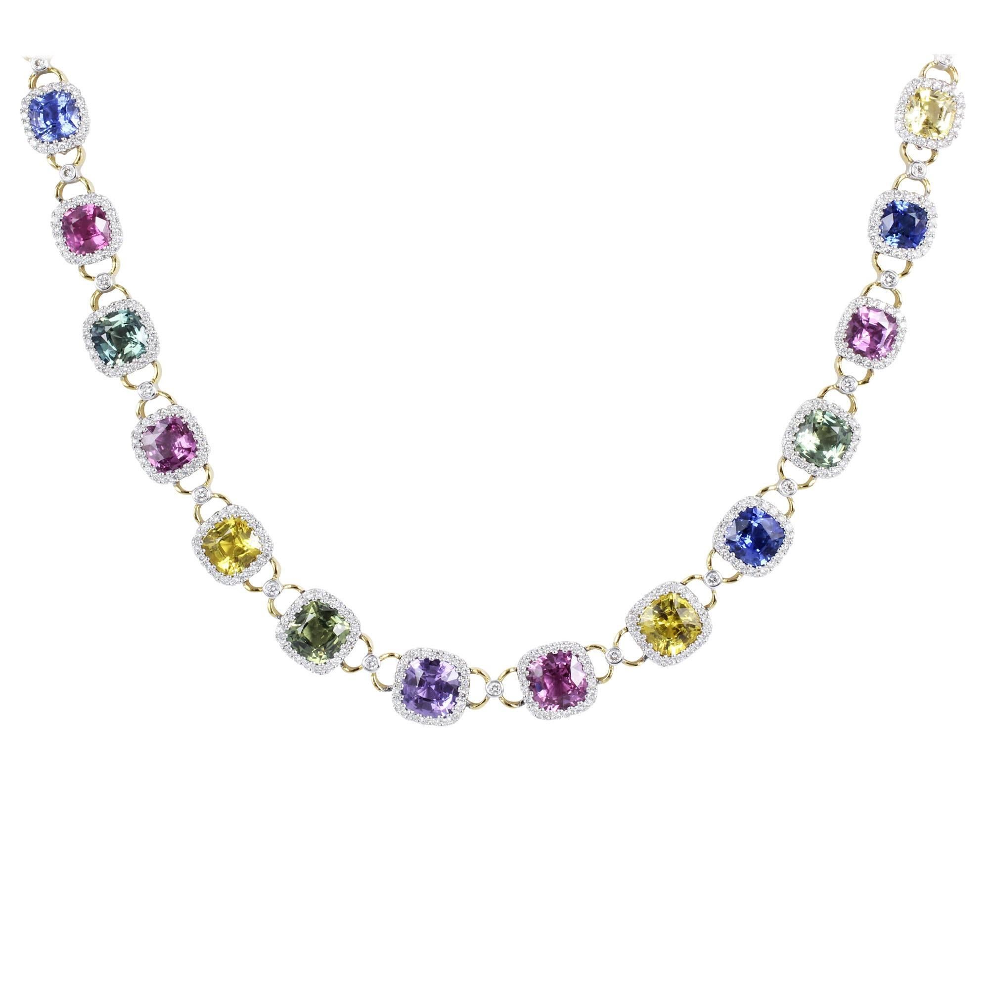  Multicolor Sapphire Diamond Gold Necklace For Sale