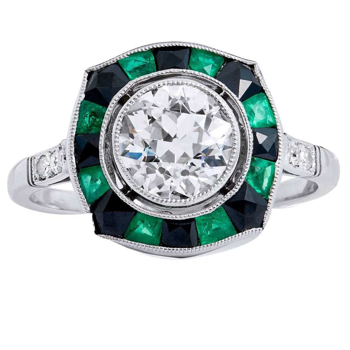  Old European Cut Diamond Black Onyx Emerald Platinum Ring 