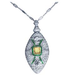 Art Deco GIA Certified 7.03 Carat Fancy Yellow Diamond Pendant Necklace Brooch