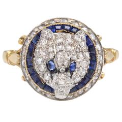 Antique English Diamond and Sapphire Fox Head Ring