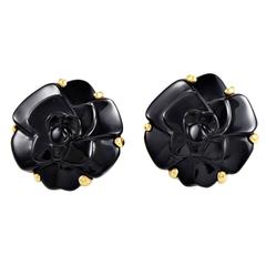 Chanel Camellia Black Agate Gold Clip-On Earrings