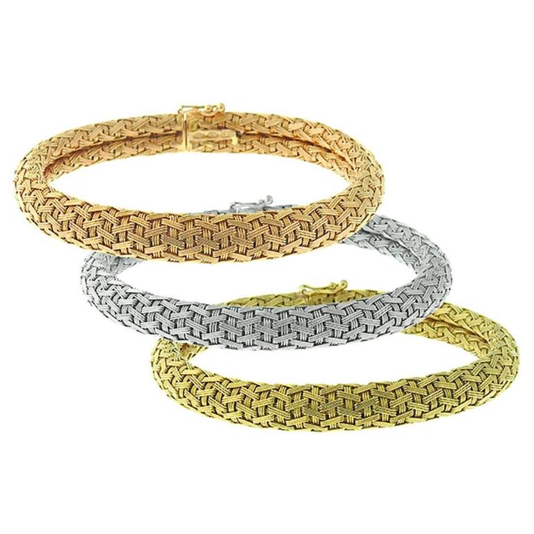 Charming Three Color Gold Woven Mesh Bracelet Suite For Sale at 1stdibs
