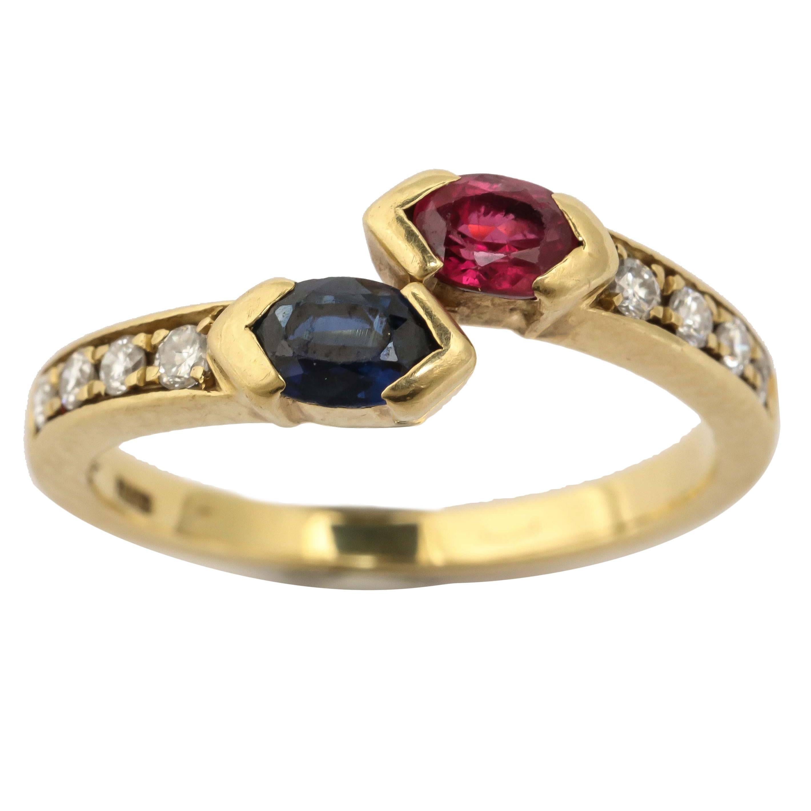 1980s Fred Paris Cross Over Sapphire Ruby Diamond Gold Ring