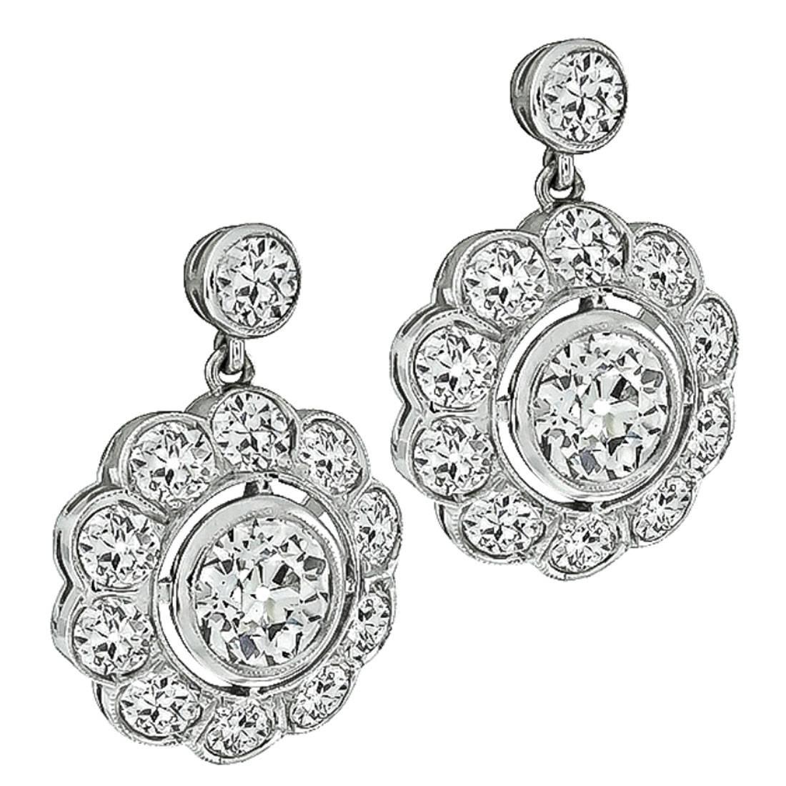 GIA Cert Old Mine Cut Diamond Platinum Earrings
