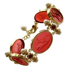 Venetian Glass Intaglios Pearl Ruby Silver Vermeil Bracelet