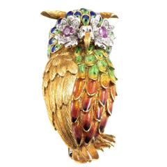 Multicolor Enamel Precious Gemstone Gold Owl Brooch