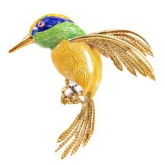 Vintage Yellow Gold Enamel and Precious Gemstone Hummingbird Brooch