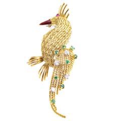 Vintage Enamel Precious Gemstone Gold Peacock Brooch