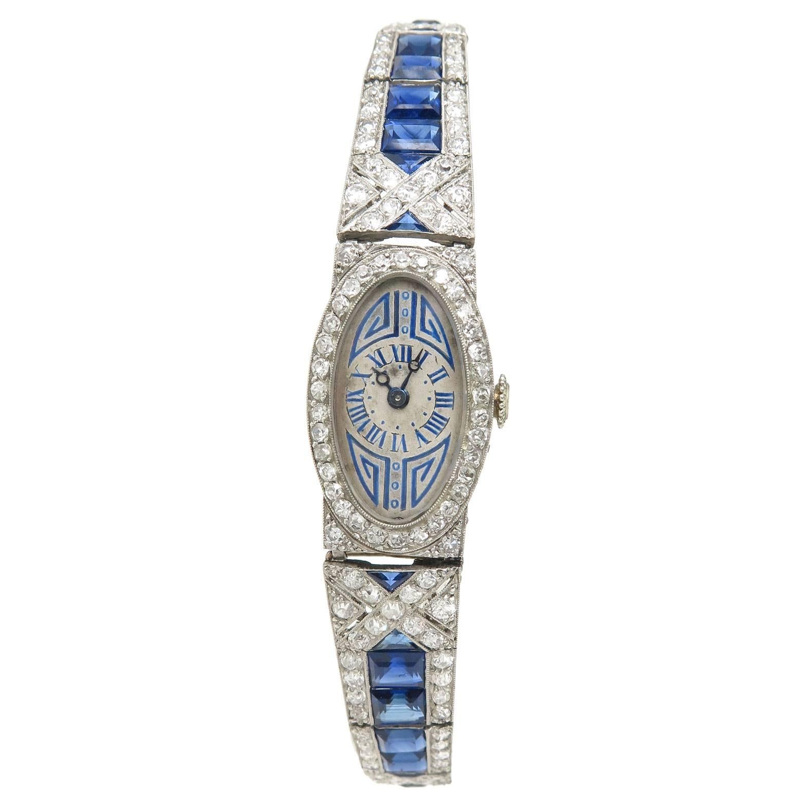 French Lady's Art Deco Sapphire Diamond Platinum Bracelet Wristwatch