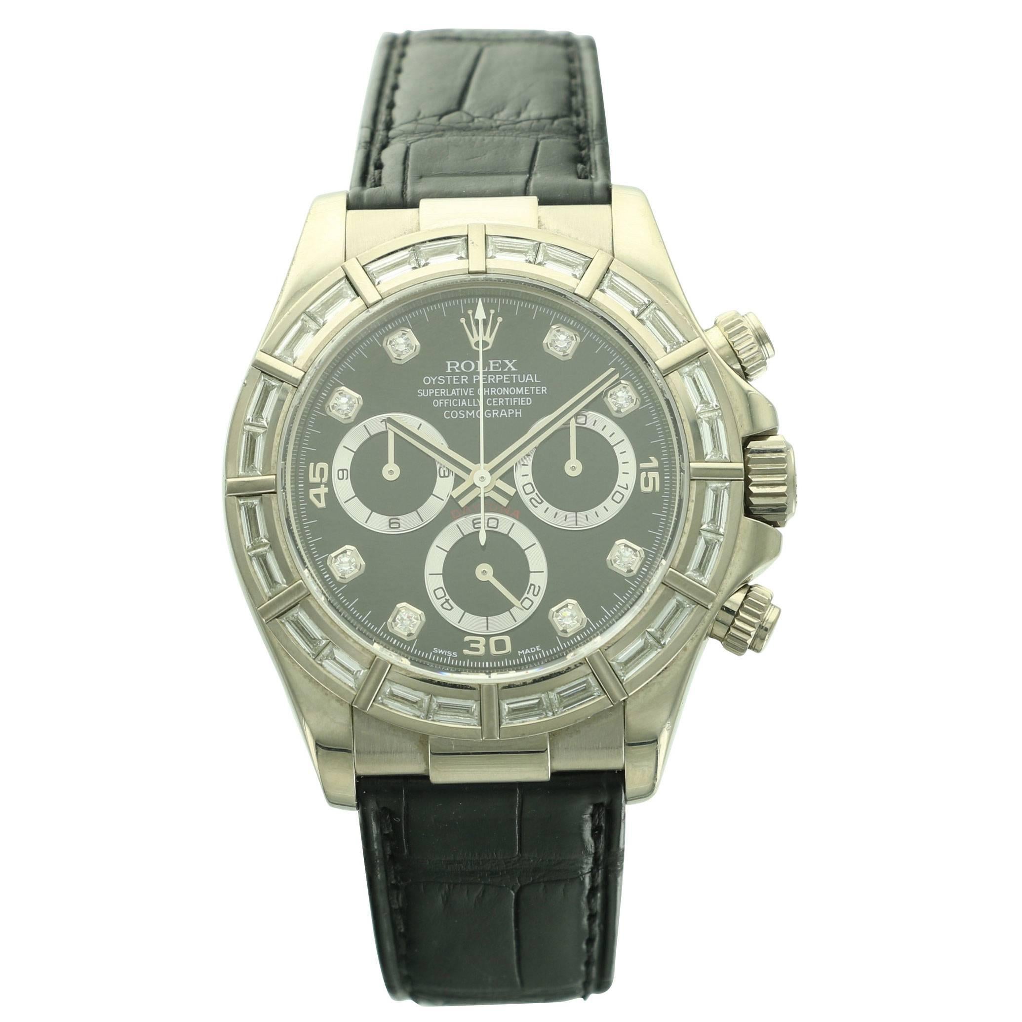 Rolex White Gold Daytona Baguette Diamond Wristwatch Ref 116589 