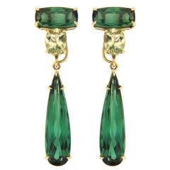 Green Beryl and Oval Yellow Beryl Gold Dangle Earrings