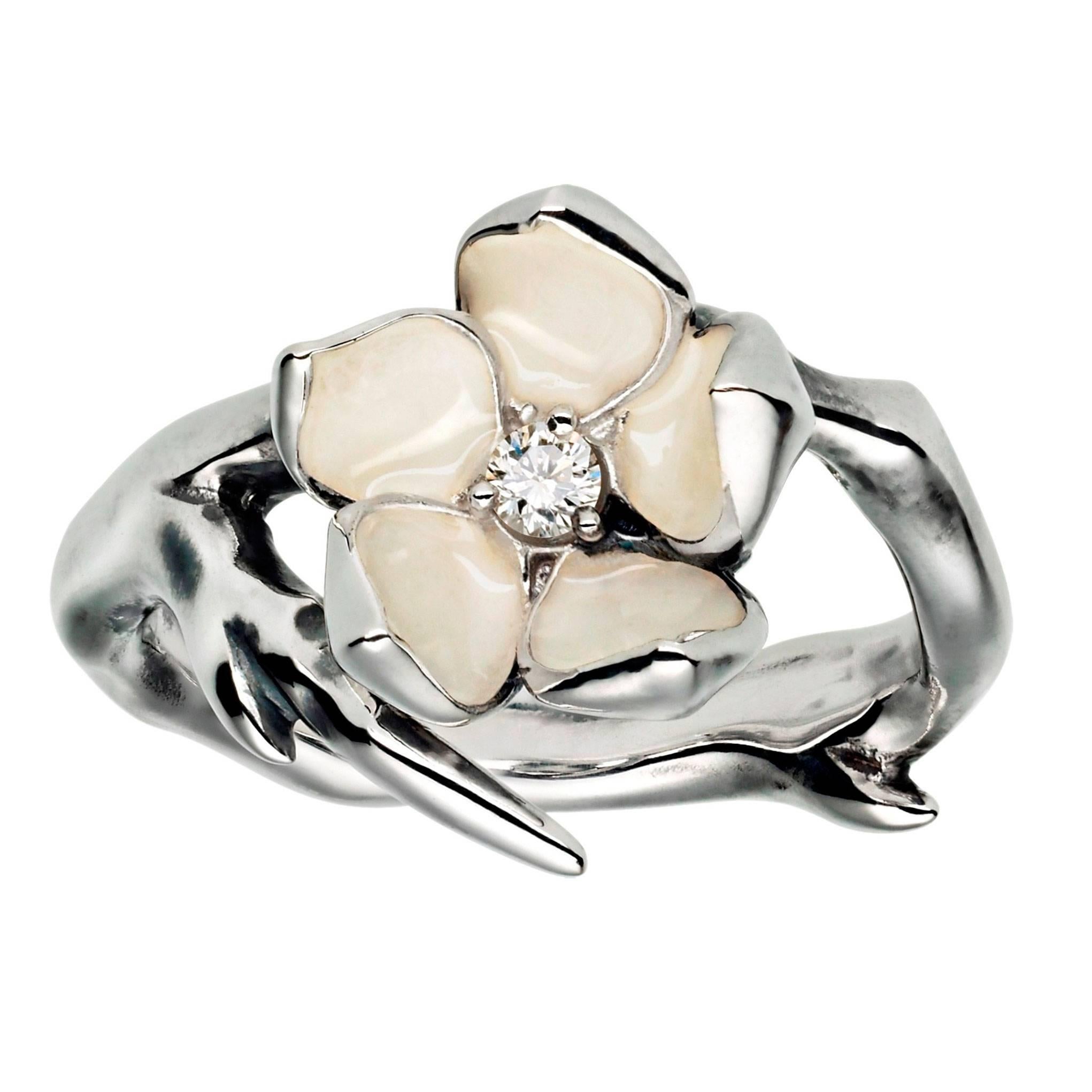 Shaun Leane Single Cherry Blossom Ring with Diamond and Ivory Enamel For Sale