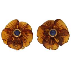 Amber Flower with Sapphire Cabochon Earrings