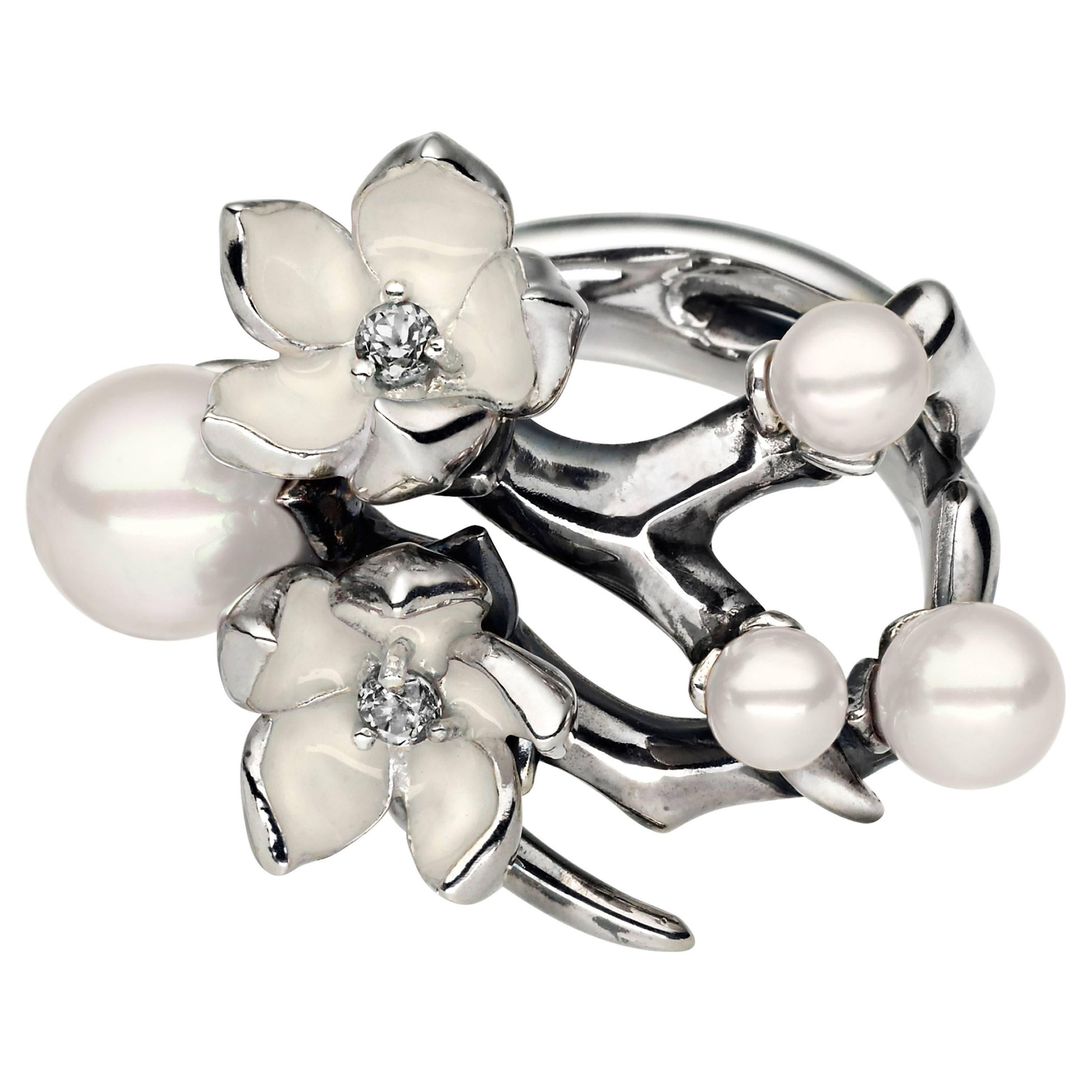 Shaun Leane Ivory Enamel Pearls Diamonds Sterling Silver Cherry Blossom Ring  For Sale