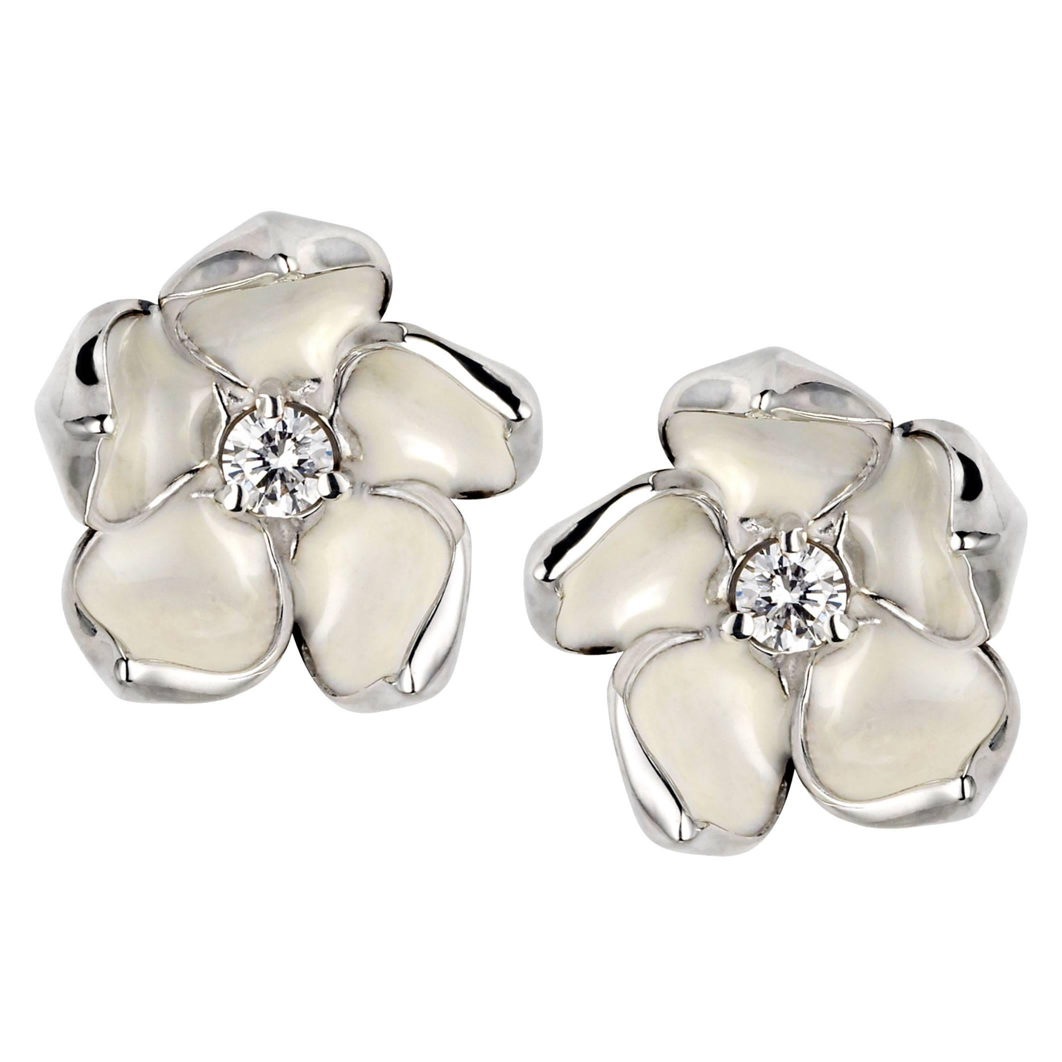 Shaun Leane Cherry Blossom Studs in Silver with Diamond and Ivory Enamel For Sale