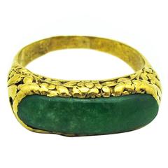 Antique Jade Bar Engraved Gold Ring 