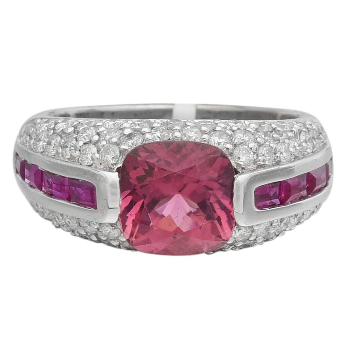 Pink Tourmaline Ruby Diamond Dome Ring For Sale
