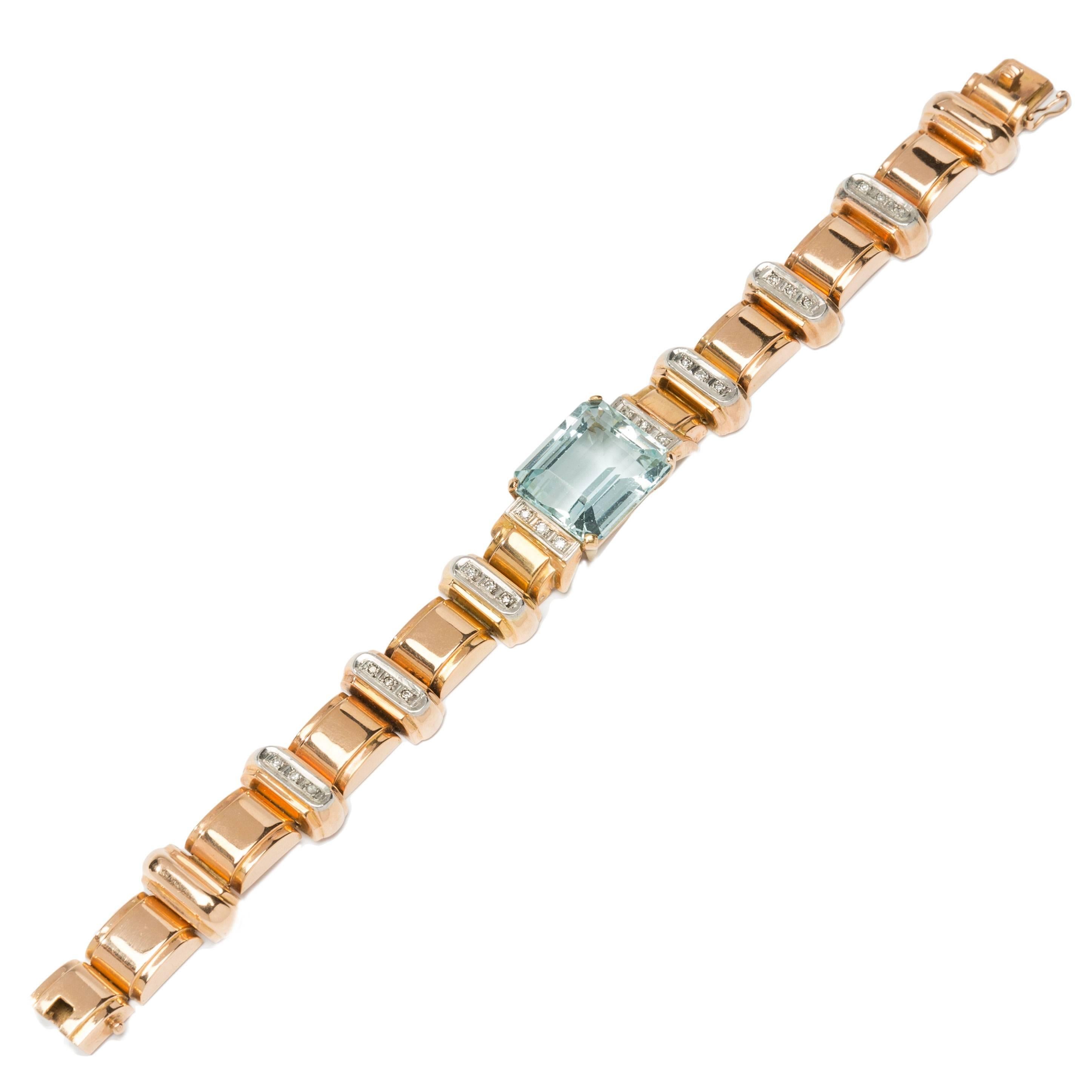 Grand bracelet en or or orné d'aigue-marine et de diamants