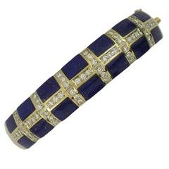 1970s Lapis Diamond Gold Bangle Bracelet
