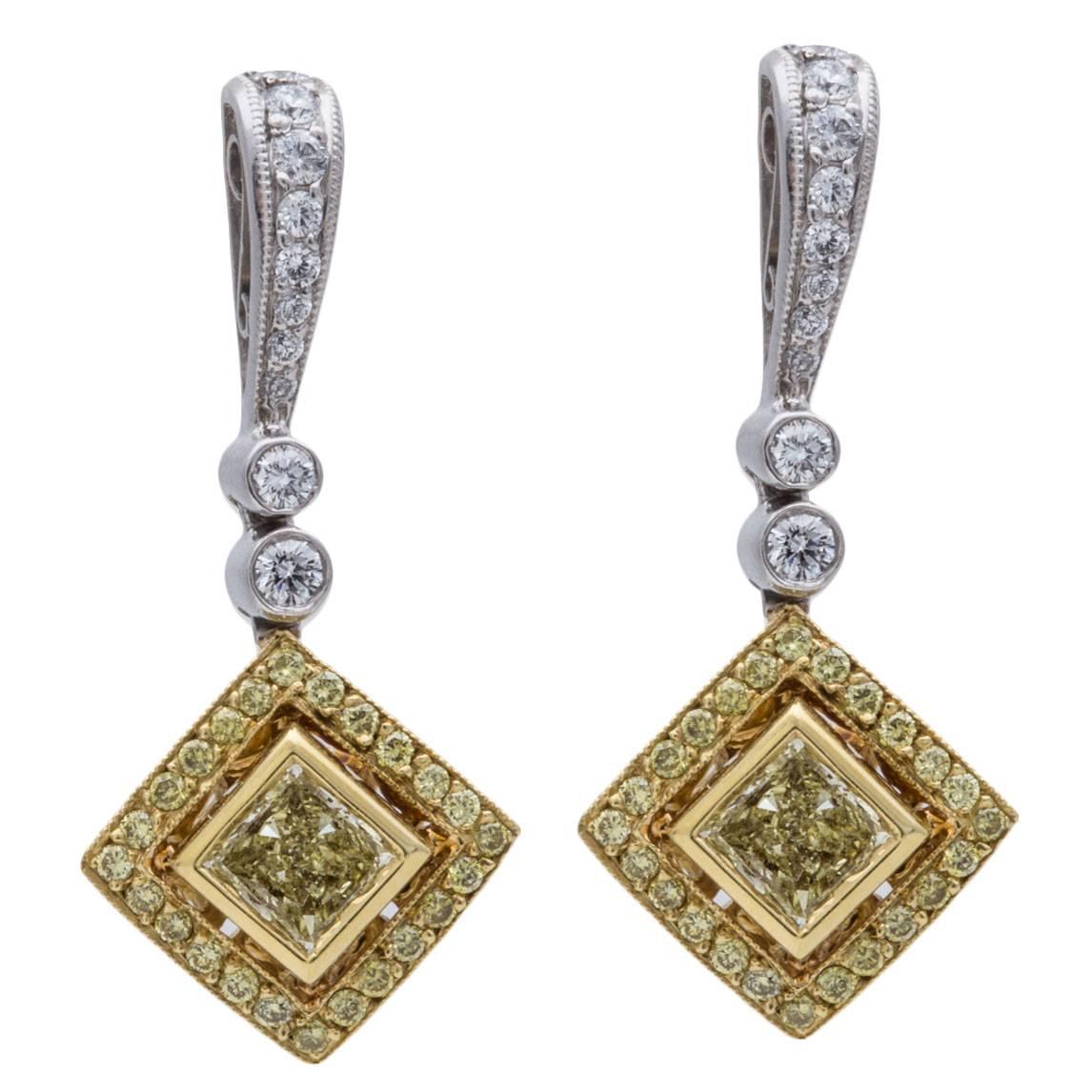 Beaudry Fancy Yellow Diamond Gold Platinum Earrings For Sale