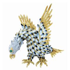 Stately Enamel and Diamond Eagle Brooch