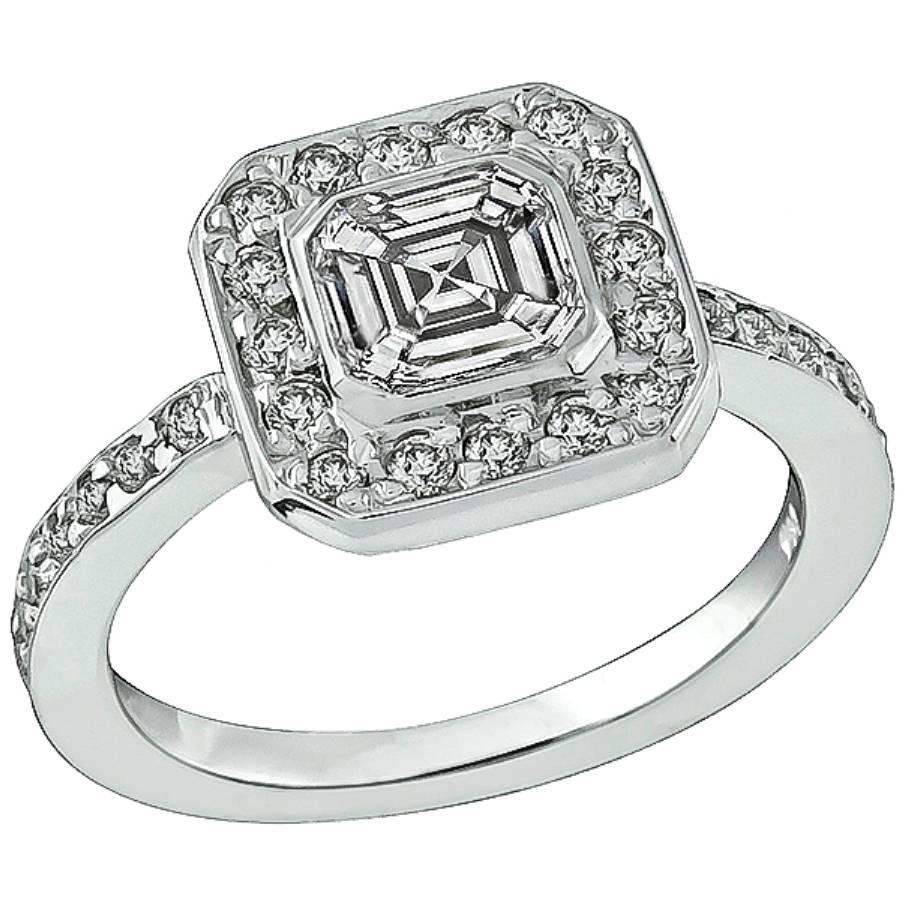 Stunning 1.01 Carat Asscher Cut Diamond Gold Engagement Ring For Sale