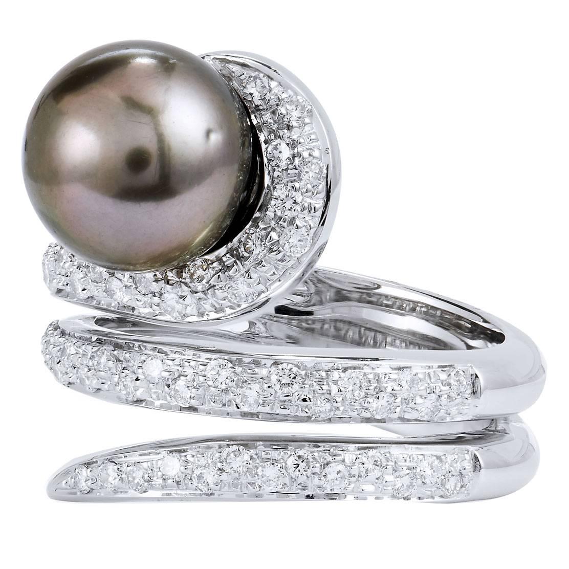 Spiral Tahitian Pearl and Diamond Pave 18 karat White Gold Ring Size 7