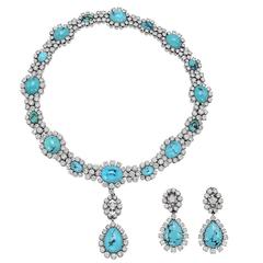 Turquoise Diamond Platinum Drop Necklace with Matching Earrings