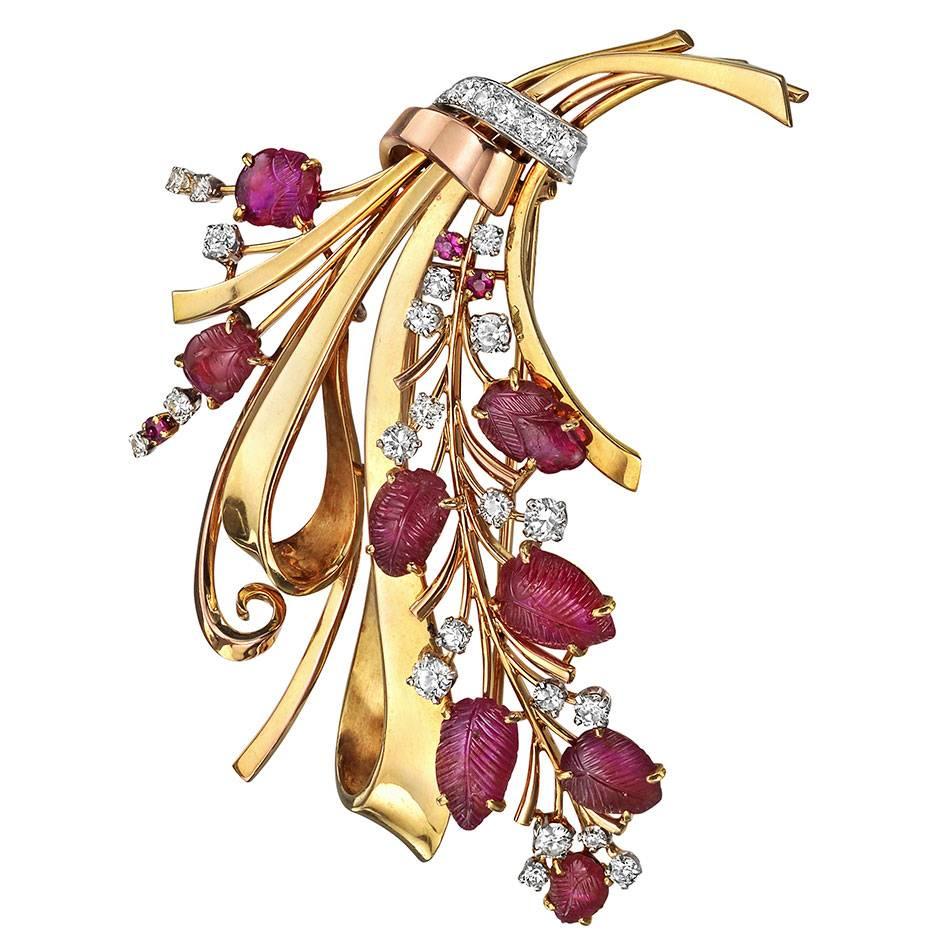 Regner Paris Ruby Diamond Gold Spray Brooch