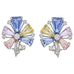 J.E. Caldwell Multicolored Pastel Sapphire Diamond Platinum Flower Earclips 2