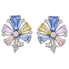 J.E. Caldwell Multicolored Pastel Sapphire Diamond Platinum Flower Earclips