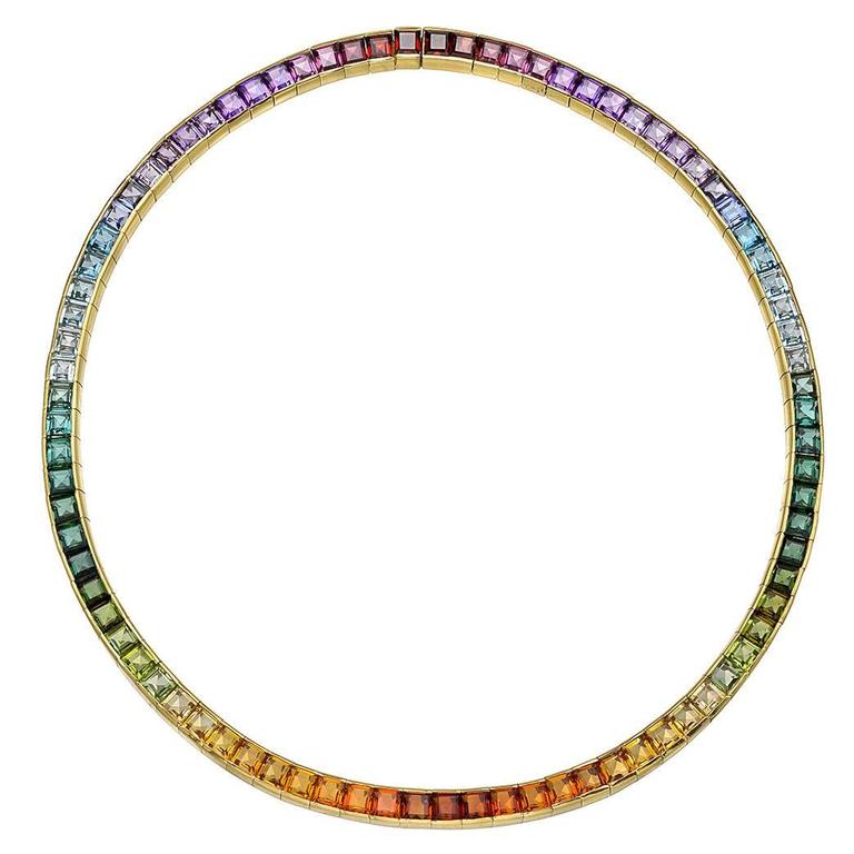 Multicolored Rainbow Gemstone Gold Necklace at 1stDibs | rainbow gemstone  necklace