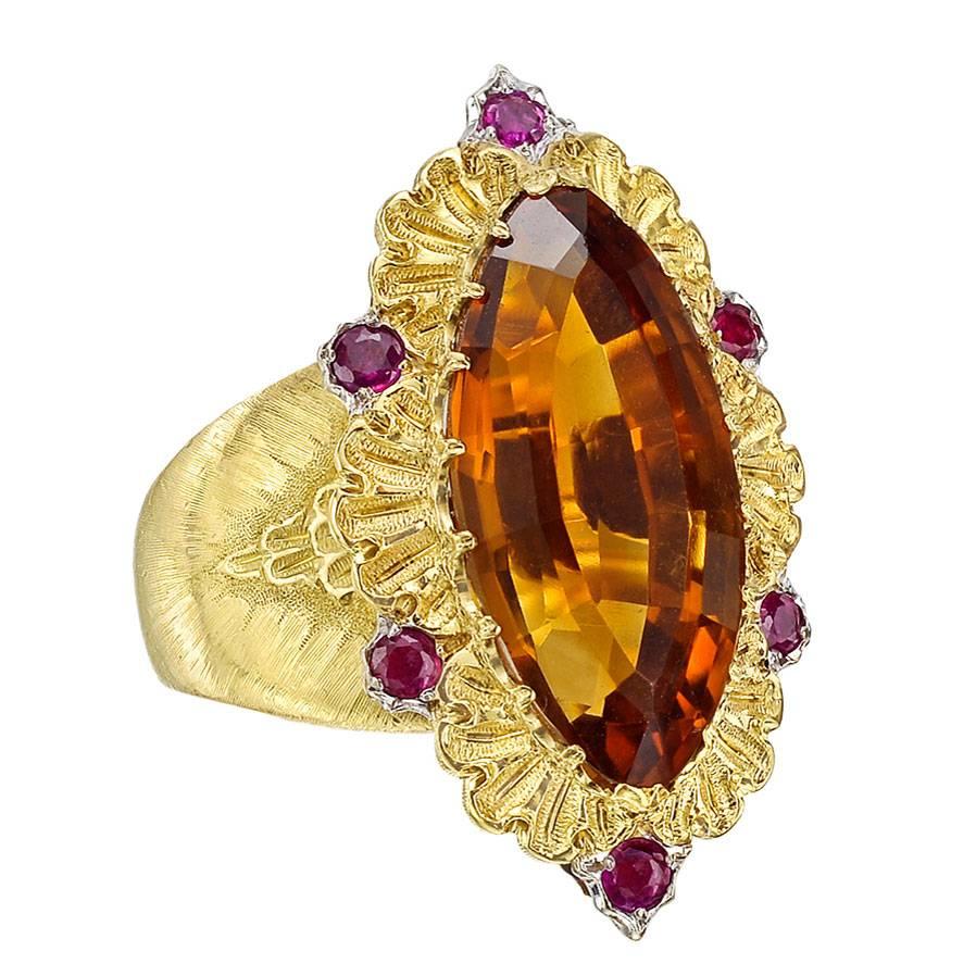 Buccellati Navette-Cut Citrine Ruby Two Color Gold Ring