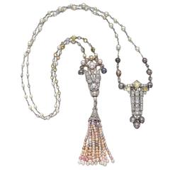 Art Deco Natural Pearl Diamond Gold Platinum Pendant Necklace 