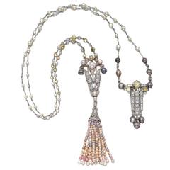 Antique Art Deco Natural Pearl Diamond Gold Platinum Pendant Necklace