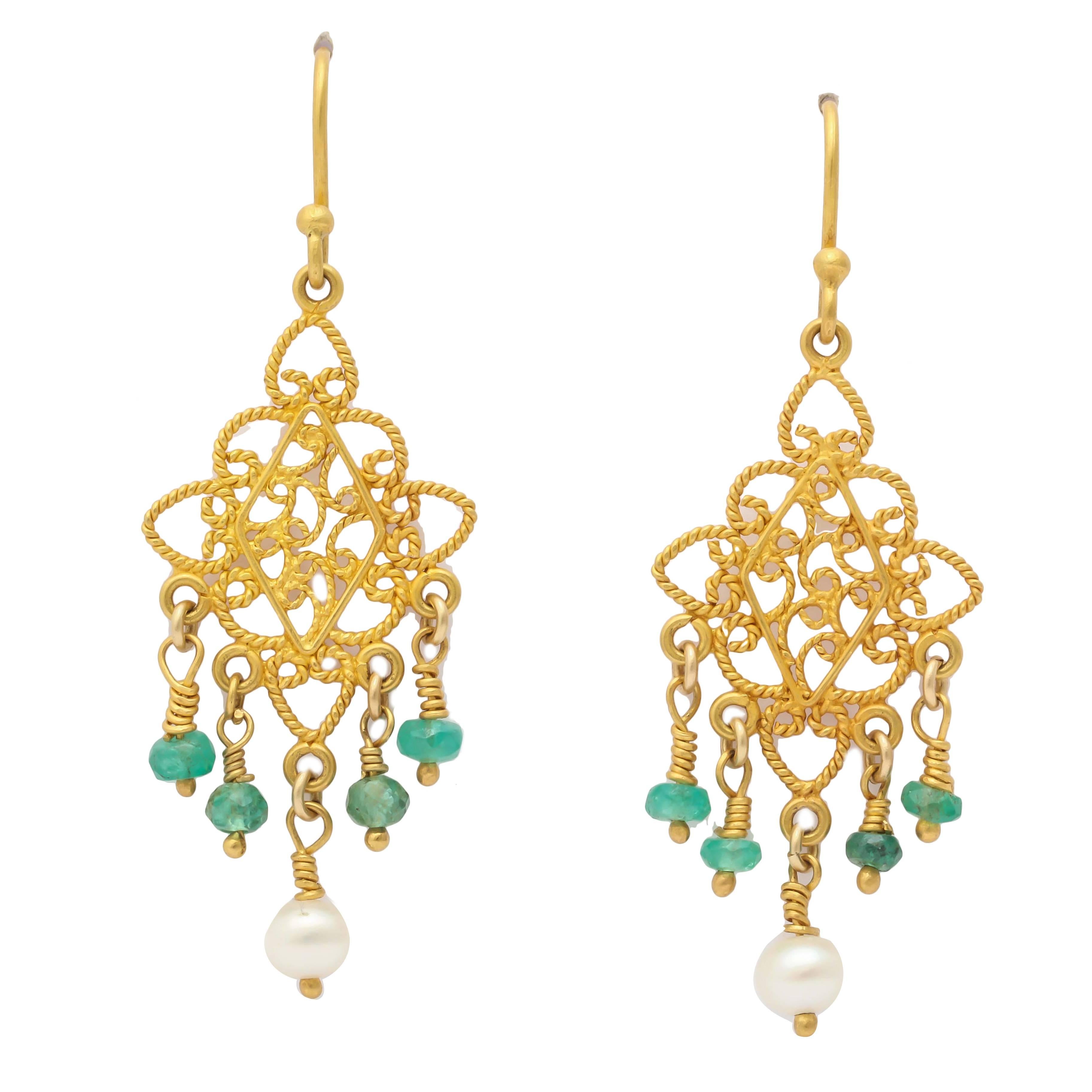 Pearl Emerald Gold Chandelier Earrings For Sale