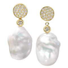 Susan Sadler Pave Chinese Freshwater Pearl Diamond Gold Drop Stud Earrings