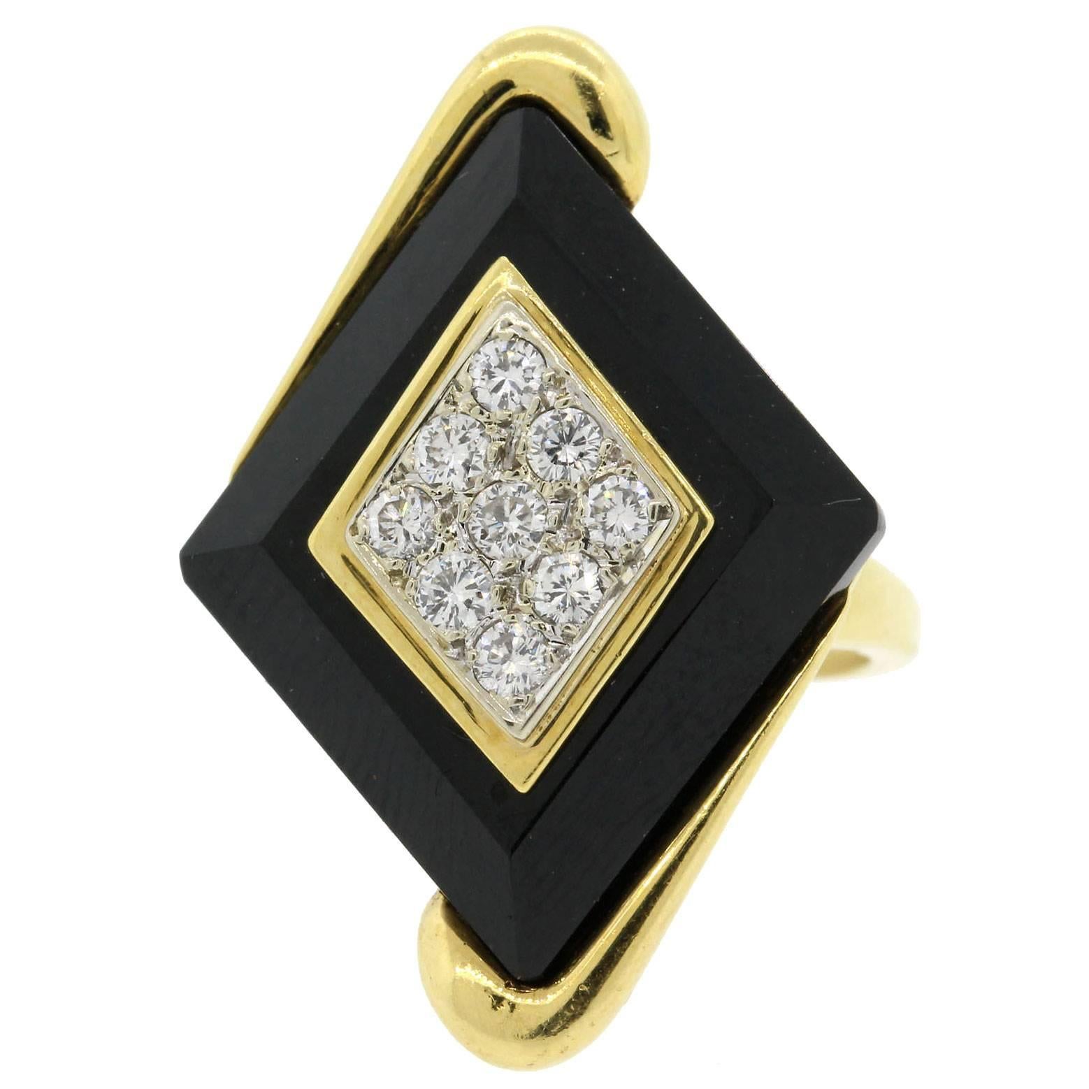Modern Onyx Diamond Gold Lozenge Ring
